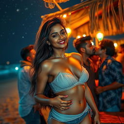 Sensual depiction of an Indian girl inspired by Nushrat Bharucha, enjoying a lively and romantic evening at a beach shack in Goa under the twinkling night sky