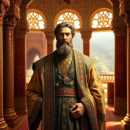 A majestic depiction of Daniel from the Persian Empire, wearing exquisite period attire adorned with intricate patterns