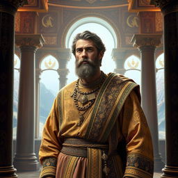 A majestic depiction of Daniel from the Persian Empire, wearing exquisite period attire adorned with intricate patterns