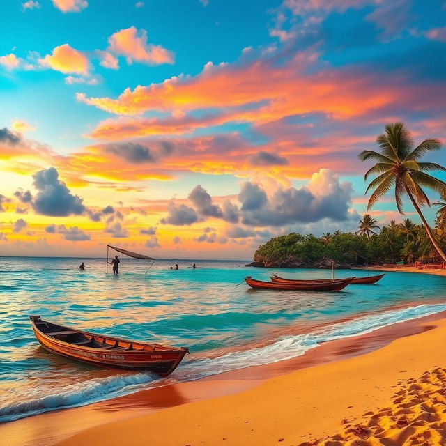 A picturesque Dominican landscape featuring a beautiful beach at sunset