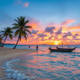 A picturesque Dominican landscape featuring a beautiful beach at sunset