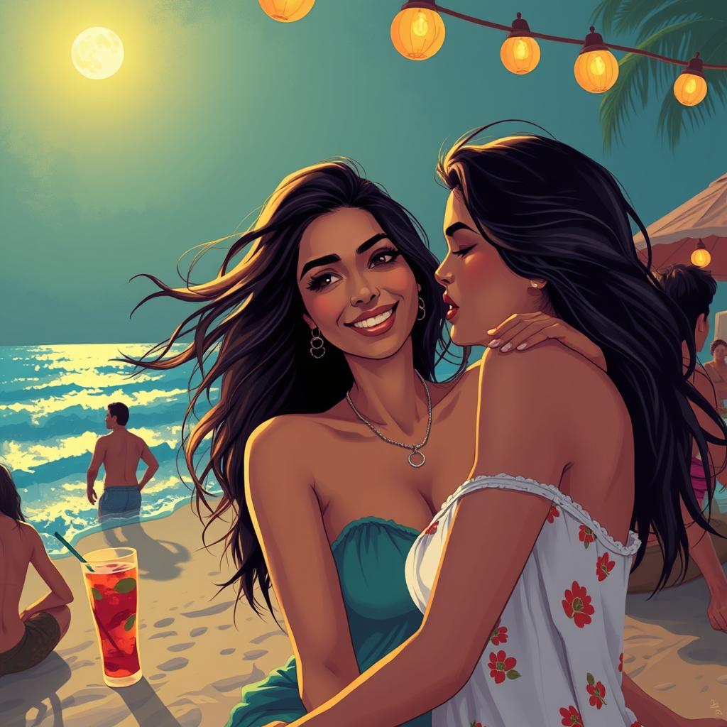 Sensual illustration of an Indian girl inspired by Nushrat Bharucha, embracing the vibrant energy of a night out at a beach shack in Goa