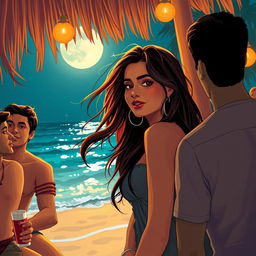Sensual illustration of an Indian girl inspired by Nushrat Bharucha, embracing the vibrant energy of a night out at a beach shack in Goa