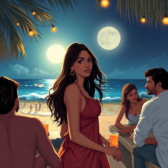 Sensual illustration of an Indian girl inspired by Nushrat Bharucha, embracing the vibrant energy of a night out at a beach shack in Goa