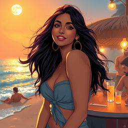 Sensual illustration of an Indian girl inspired by Nushrat Bharucha, embracing the vibrant energy of a night out at a beach shack in Goa