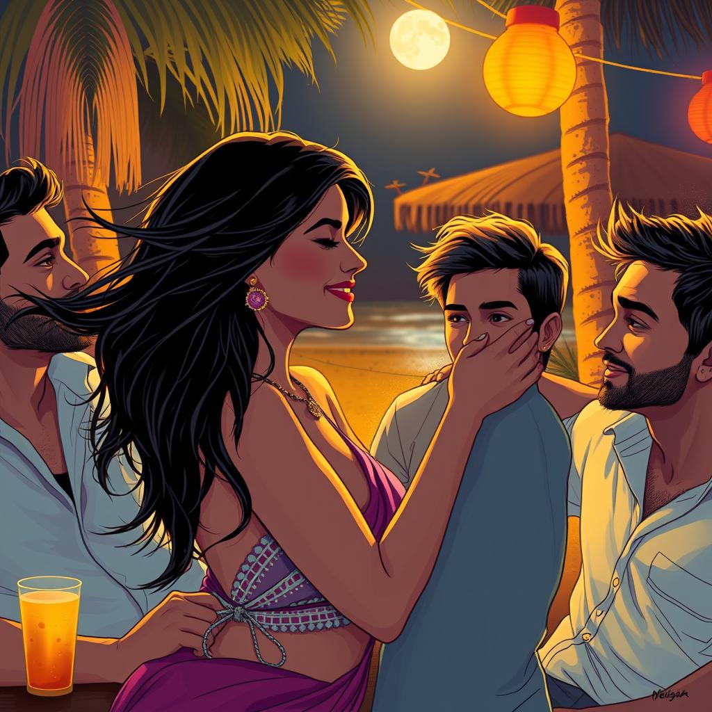 A sensual illustration featuring an Indian girl inspired by Nushrat Bharucha, savoring a vibrant night at a beach shack in Goa