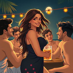 A sensual illustration featuring an Indian girl inspired by Nushrat Bharucha, savoring a vibrant night at a beach shack in Goa