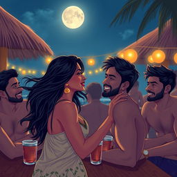 A sensual illustration featuring an Indian girl inspired by Nushrat Bharucha, savoring a vibrant night at a beach shack in Goa