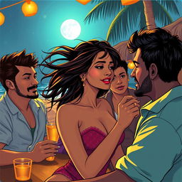 A sensual illustration featuring an Indian girl inspired by Nushrat Bharucha, savoring a vibrant night at a beach shack in Goa
