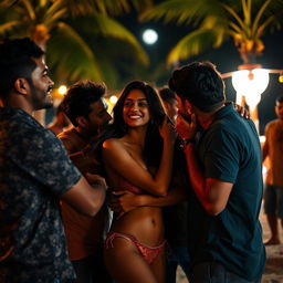 A sensual scene featuring an Indian girl inspired by Nushrat Bharucha, captured during a thrilling night at a beach shack in Goa