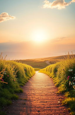 A serene and inspiring landscape pathway leading towards a peaceful horizon, symbolizing a journey of healing and love under the promise of God