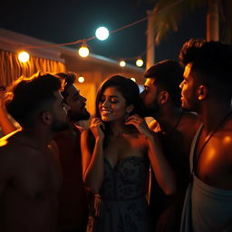 A sensual scene featuring an Indian girl inspired by Nushrat Bharucha, capturing a vibrant night at a beach shack in Goa
