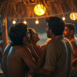A sensual scene featuring an Indian girl inspired by Nushrat Bharucha, capturing a vibrant night at a beach shack in Goa