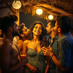 A sensual scene featuring an Indian girl inspired by Nushrat Bharucha, capturing a vibrant night at a beach shack in Goa