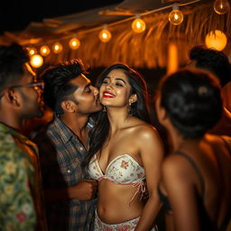 A sensual scene featuring an Indian girl inspired by Nushrat Bharucha, capturing a vibrant night at a beach shack in Goa