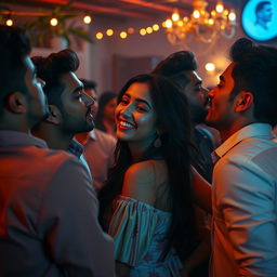 A sensual scene featuring an Indian girl inspired by Nushrat Bharucha, set during a lively house party at night
