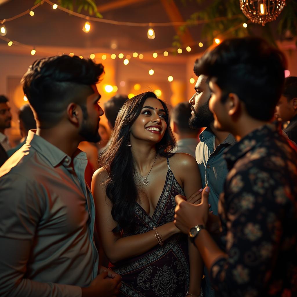 A sensual scene featuring an Indian girl inspired by Nushrat Bharucha, set during a lively house party at night