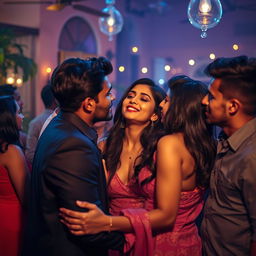 A sensual scene featuring an Indian girl inspired by Nushrat Bharucha, set during a lively house party at night