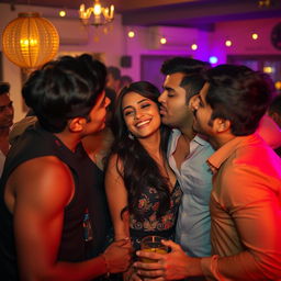 A sensual scene featuring an Indian girl inspired by Nushrat Bharucha, set during a lively house party at night