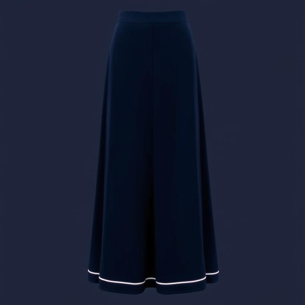 An elegant long dark blue skirt that reaches the ankles, featuring a straight cut and an open design