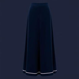 An elegant long dark blue skirt that reaches the ankles, featuring a straight cut and an open design