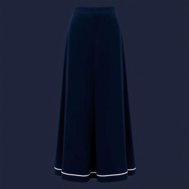 An elegant long dark blue skirt that reaches the ankles, featuring a straight cut and an open design