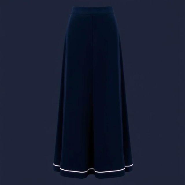 An elegant long dark blue skirt that reaches the ankles, featuring a straight cut and an open design