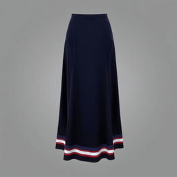 An elegant long dark blue skirt that reaches the ankles, featuring a straight cut and an open design