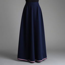 An elegant long dark blue skirt that reaches the ankles, featuring a straight cut and an open design