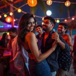 A sensual scene capturing an enchanting young Indian woman resembling Nushrat Bharucha, joyfully dancing at a lively beach shack under the moonlit sky in Goa