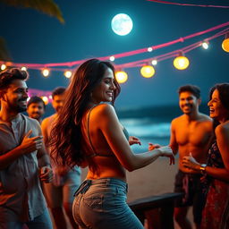 A sensual scene capturing an enchanting young Indian woman resembling Nushrat Bharucha, joyfully dancing at a lively beach shack under the moonlit sky in Goa