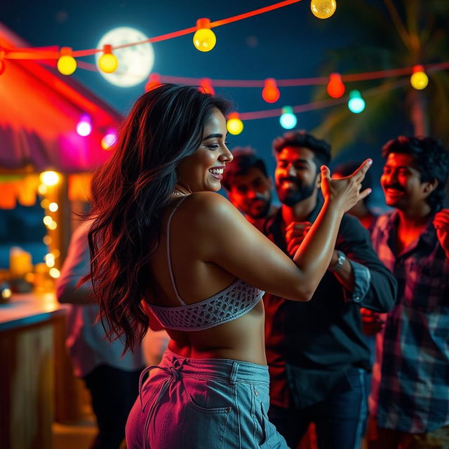 A sensual scene capturing an enchanting young Indian woman resembling Nushrat Bharucha, joyfully dancing at a lively beach shack under the moonlit sky in Goa