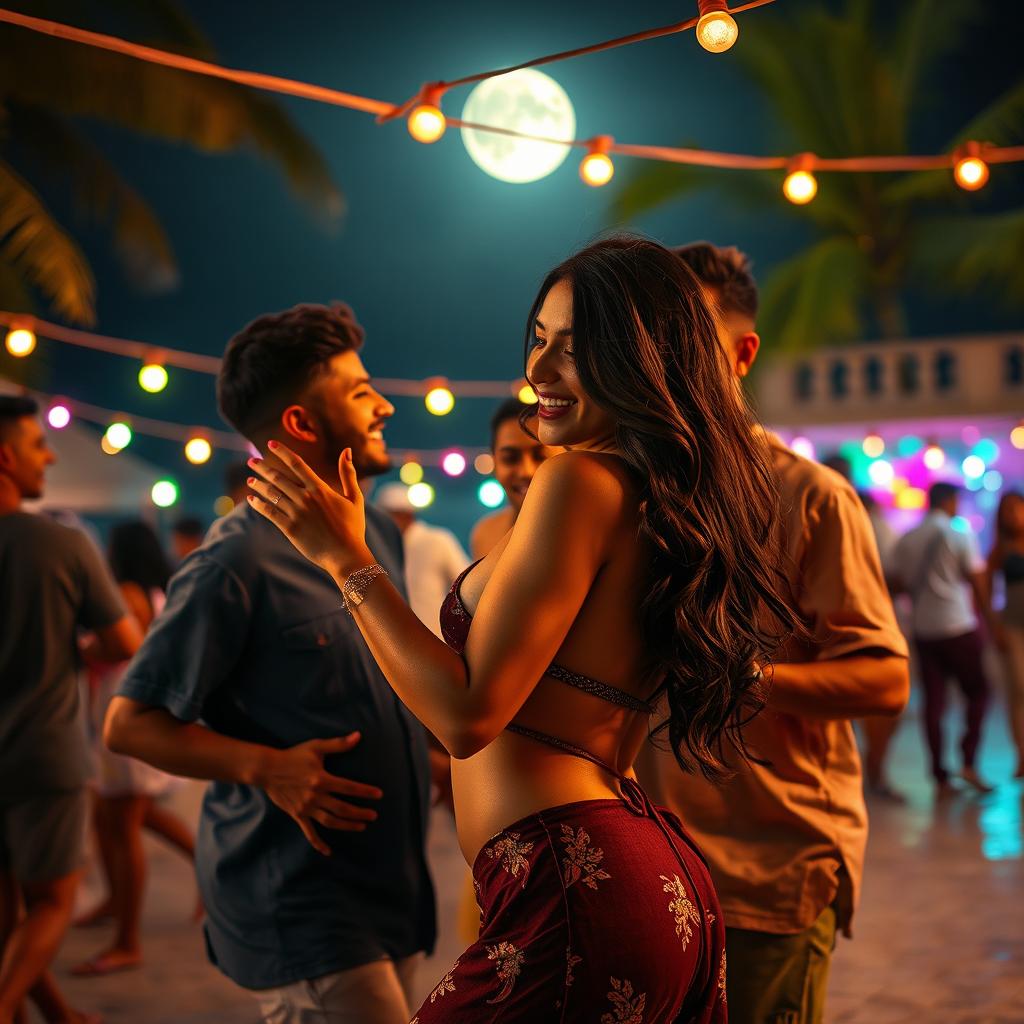 A sensual scene capturing an enchanting young Indian woman resembling Nushrat Bharucha, joyfully dancing at a lively beach shack under the moonlit sky in Goa