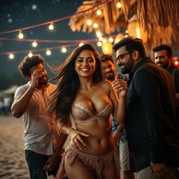 A captivating scene featuring a young Indian woman resembling Nushrat Bharucha, joyfully dancing at a beach shack in Goa under a starry night sky