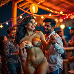 A captivating scene featuring a young Indian woman resembling Nushrat Bharucha, joyfully dancing at a beach shack in Goa under a starry night sky