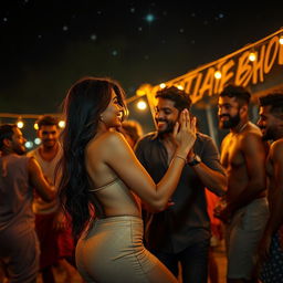 A sensual and lively scene depicting a captivating young Indian woman resembling Nushrat Bharucha, dancing at a beach shack in Goa under a starry night sky
