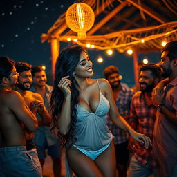 A sensual and lively scene depicting a captivating young Indian woman resembling Nushrat Bharucha, dancing at a beach shack in Goa under a starry night sky