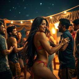 A sensual and lively scene depicting a captivating young Indian woman resembling Nushrat Bharucha, dancing at a beach shack in Goa under a starry night sky