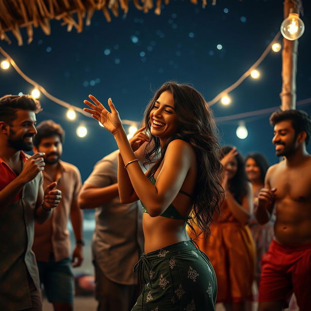 A sensual and lively scene depicting a captivating young Indian woman resembling Nushrat Bharucha, dancing at a beach shack in Goa under a starry night sky