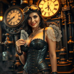 A steampunk-themed erotic scene featuring an alluring woman dressed in intricate brass and leather corsetry, adorned with gears and goggles on her head, surrounded by a Victorian-era setting filled with antique machinery, pipes, and steam