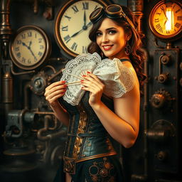 A steampunk-themed erotic scene featuring an alluring woman dressed in intricate brass and leather corsetry, adorned with gears and goggles on her head, surrounded by a Victorian-era setting filled with antique machinery, pipes, and steam