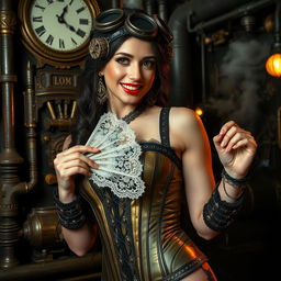 A steampunk-themed erotic scene featuring an alluring woman dressed in intricate brass and leather corsetry, adorned with gears and goggles on her head, surrounded by a Victorian-era setting filled with antique machinery, pipes, and steam
