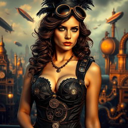 A sultry steampunk woman in an elaborate leather corset, adorned with intricate gears and clockwork accessories