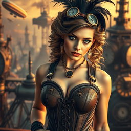 A sultry steampunk woman in an elaborate leather corset, adorned with intricate gears and clockwork accessories