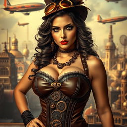 A sultry steampunk woman in an elaborate leather corset, adorned with intricate gears and clockwork accessories