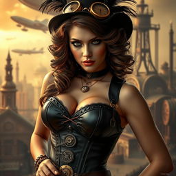 A sultry steampunk woman in an elaborate leather corset, adorned with intricate gears and clockwork accessories