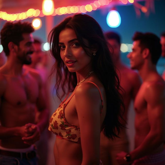 A sensual scene featuring a captivating young Indian woman resembling Nushrat Bharucha, immersed in a flirty and playful lap dance at a vibrant beach shack in Goa, illuminated by soft, colorful lights under the night sky