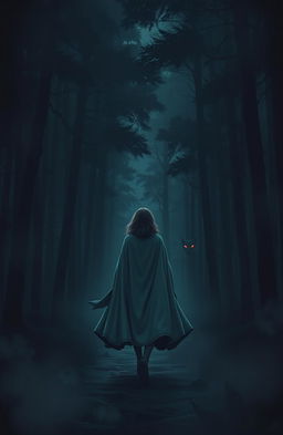 A lone woman in an elegant cloak walking into a dense, dark forest