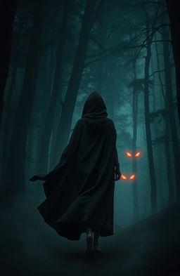 A lone woman in an elegant cloak walking into a dense, dark forest