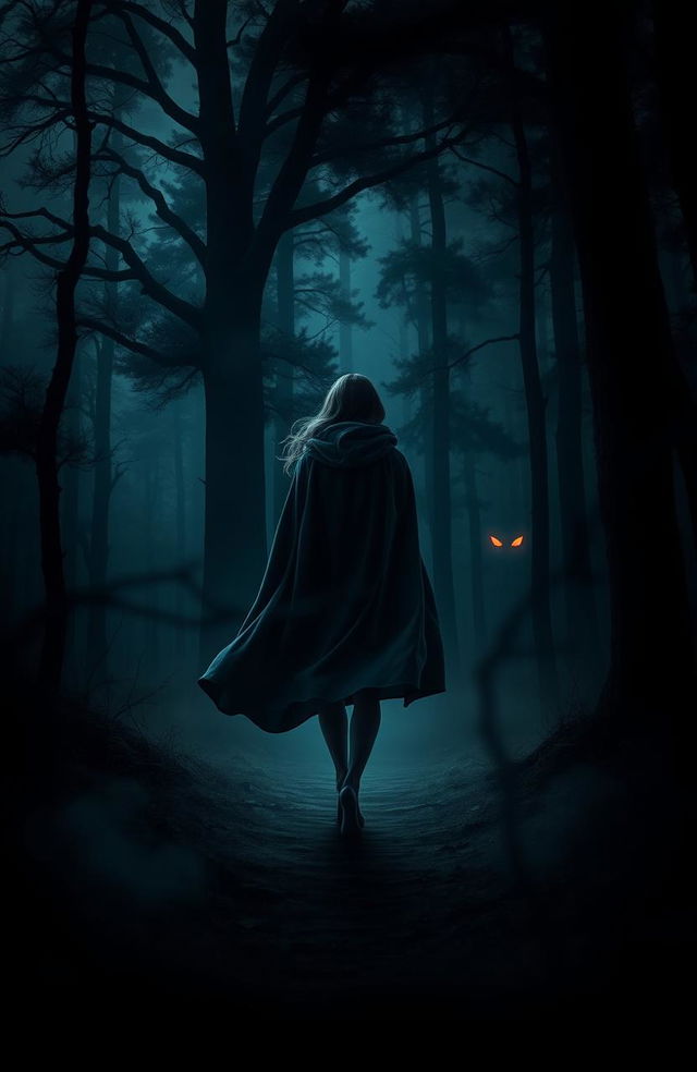 A lone woman in an elegant cloak walking into a dense, dark forest